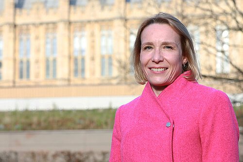 Helen Morgan outside the Houses of Parliament