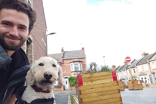 Will Aczel and Ayla by the Hamlin Lane temporary bus gate